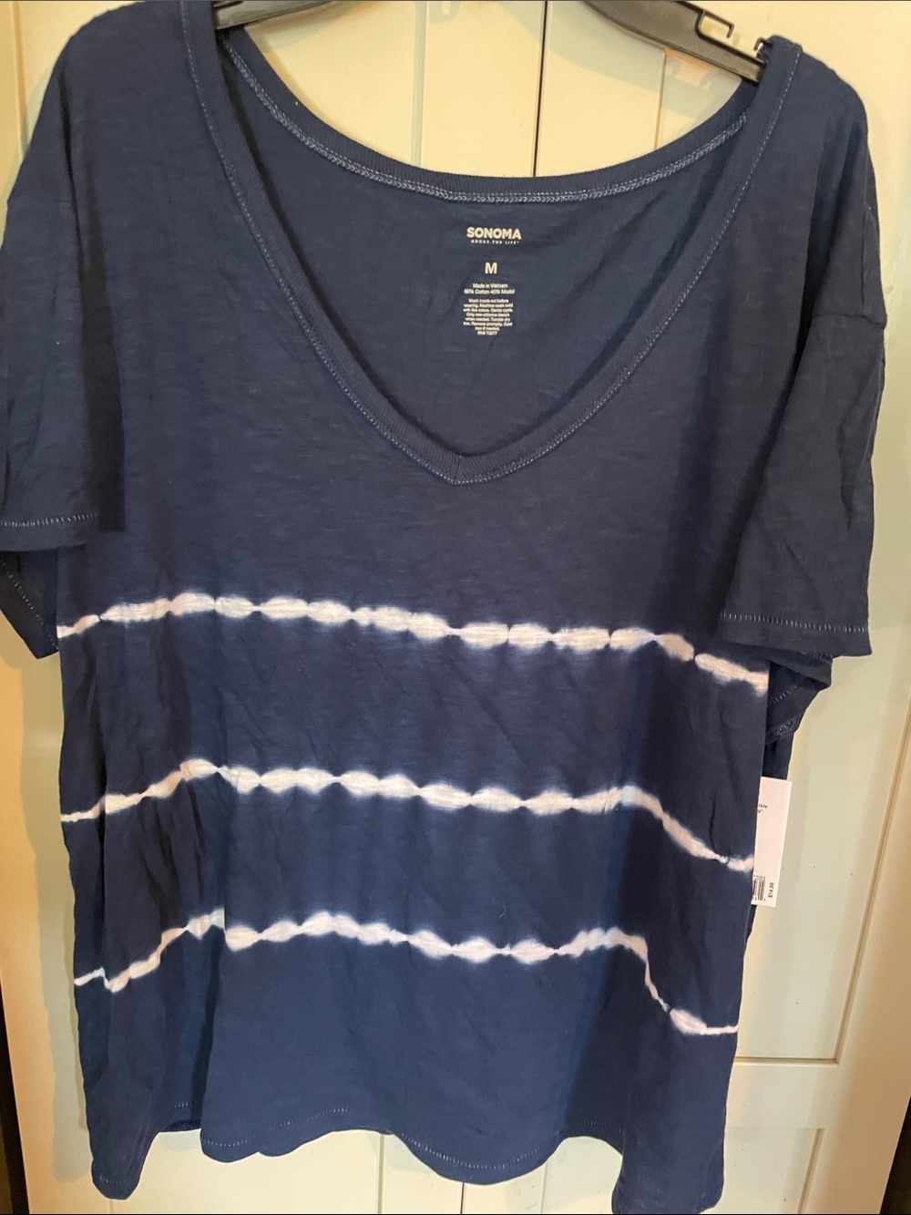 Sonoma Navy and White Striped Tie-Dye V-Neck Short Sleeve Tee